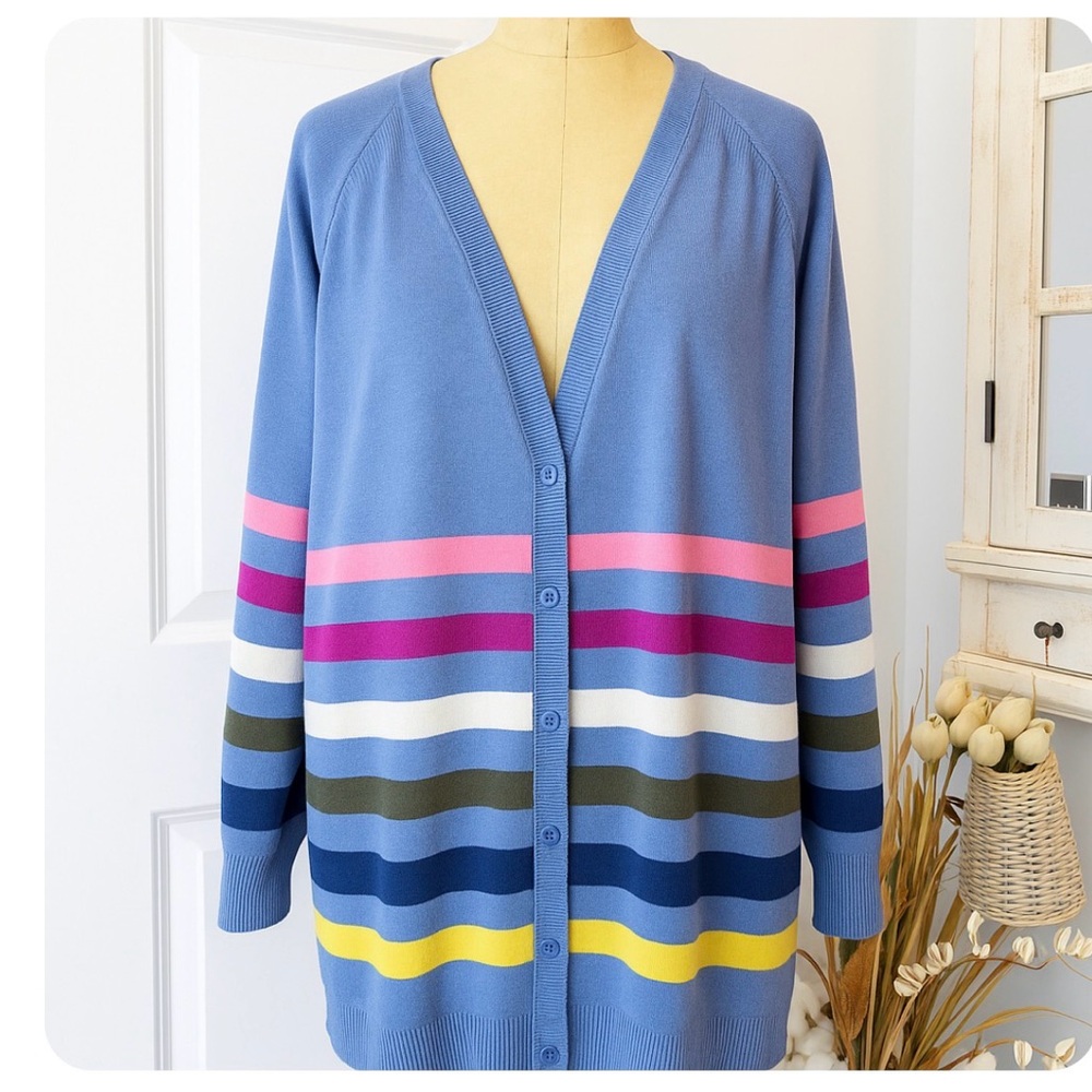 Talbots‎ Blue Multicolor Striped Button Front Cardigan 1X Relaxed Fit Knit Vneck